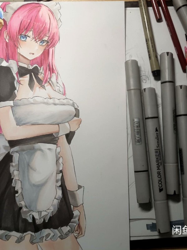 Bingli's Bocchi The Rock! Gotoh Hitori in maid dress Hot Sexy Hand drawing with marker
