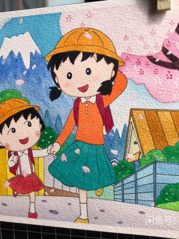 Little's Chibi Maruko-chan and her sister Watercolor Painting
