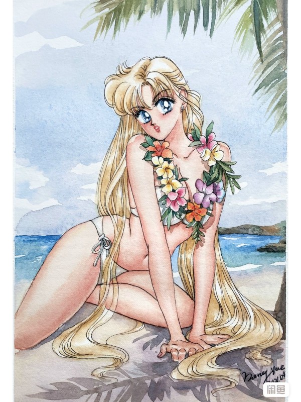 YuanYuan's Sailor Moon Venus Aino Minako Hawaii Style Hot Sexy Watercolor Painting