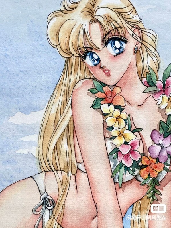 YuanYuan's Sailor Moon Venus Aino Minako Hawaii Style Hot Sexy Watercolor Painting