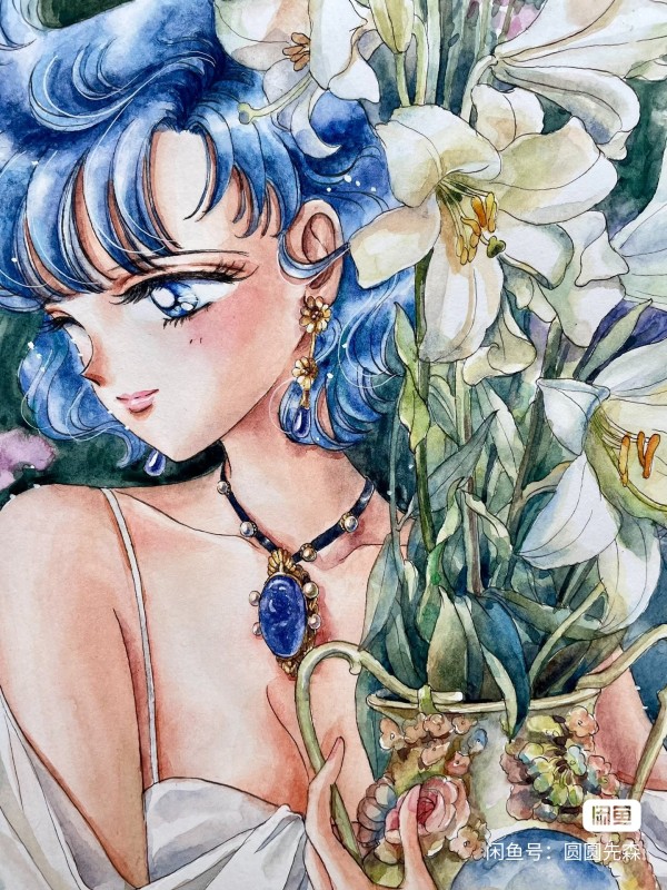 YuanYuan's Sailor Moon Mercury Mizuno Ami with lilies Hot Sexy Watercolor Painting